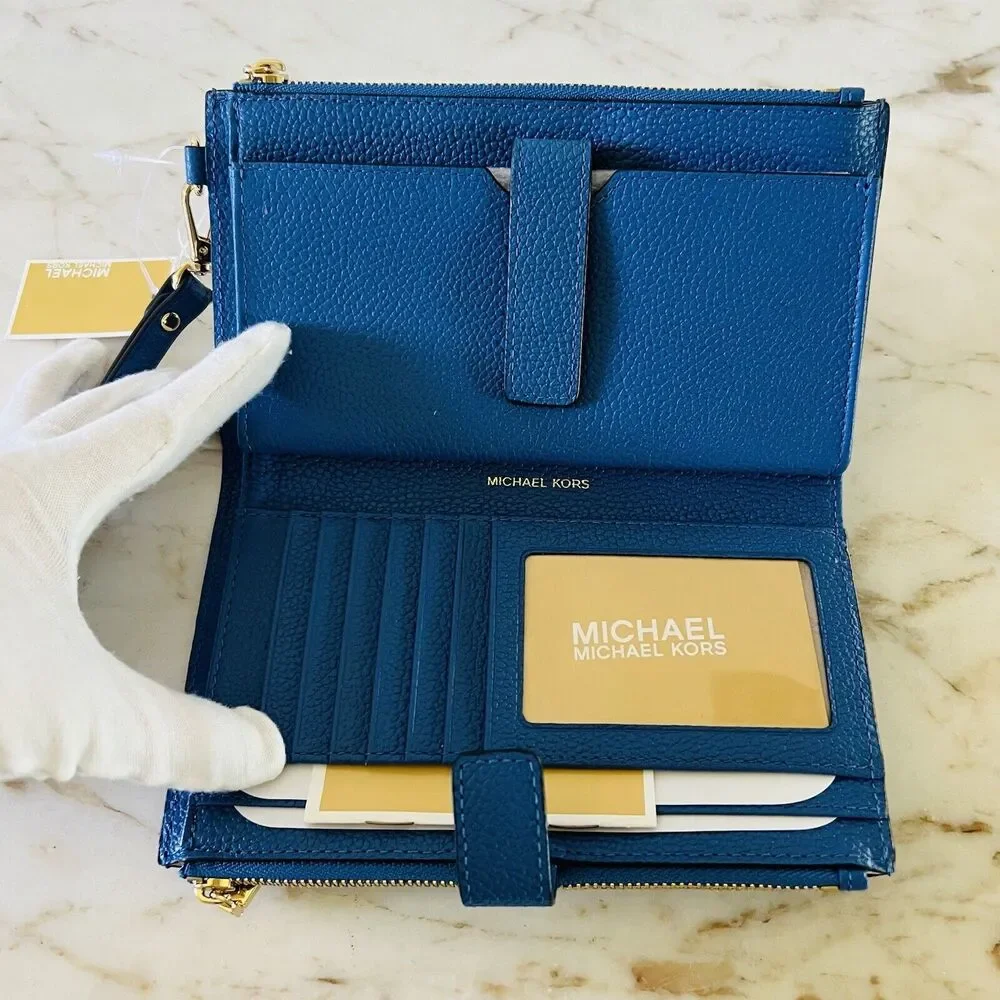 MICHAEL KORS Vintage Blue Leather Double Zip Wallet Wristlet